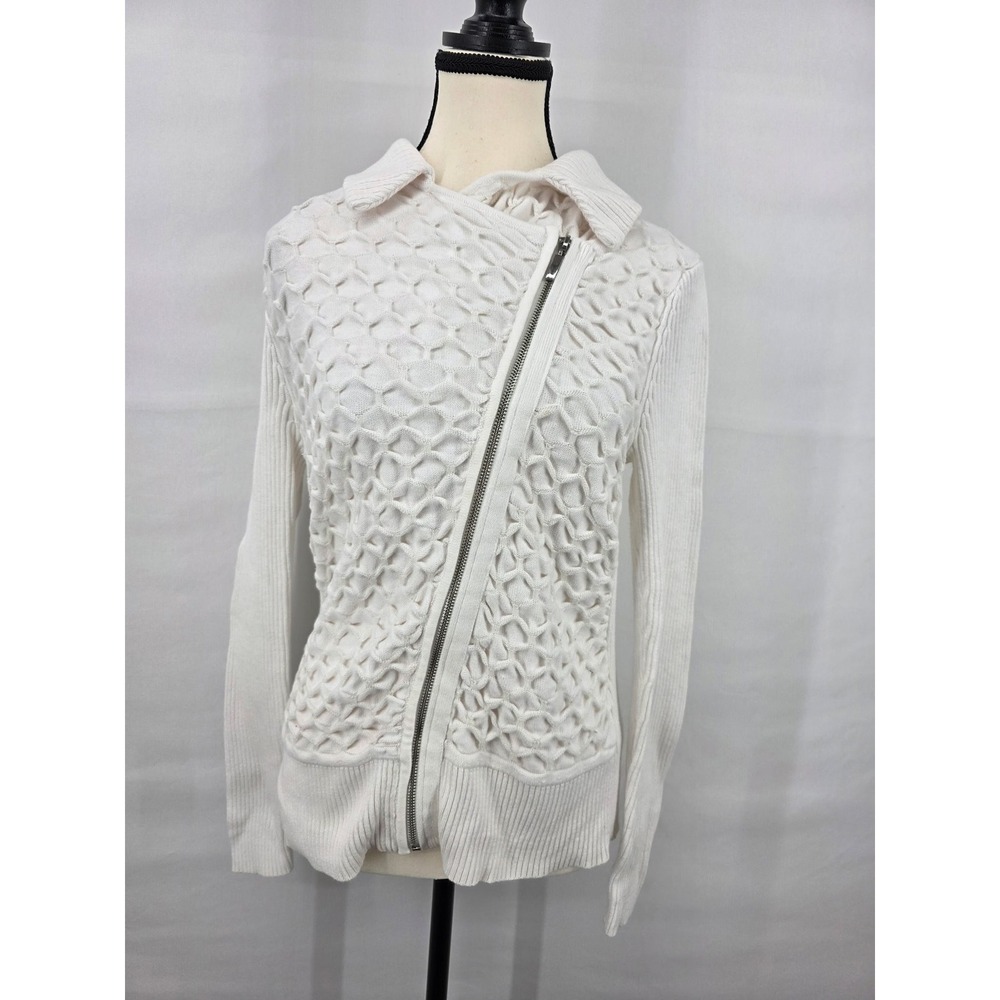 White House Black Market Asymmetric Zip Textured Knit Cardigan Ivory White M